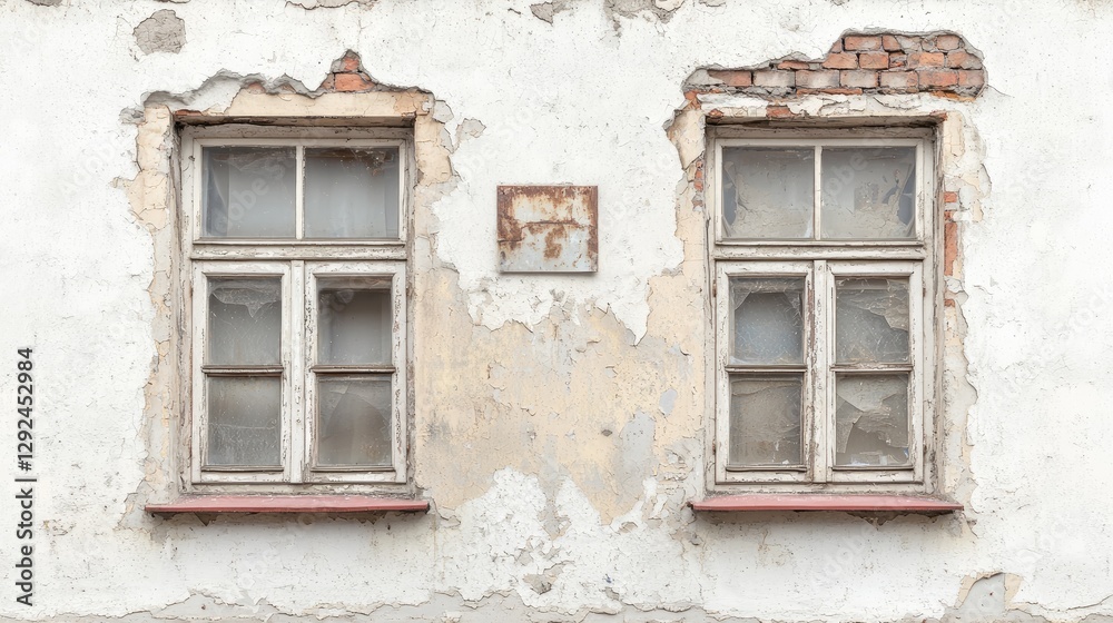 Old windows, weathered wall, city building, decay. Stock photo for architecture, design Old windows, weathered wall, city building, decay. Stock photo for architecture, design