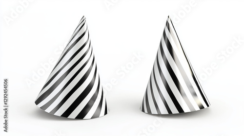 Wallpaper Mural 3d realistic birthday celebration party cone hat mockup. Isolated silver white paper holiday cap set with stripes to wear on carnival. Entertainment costume element clipart front and angle view. Torontodigital.ca
