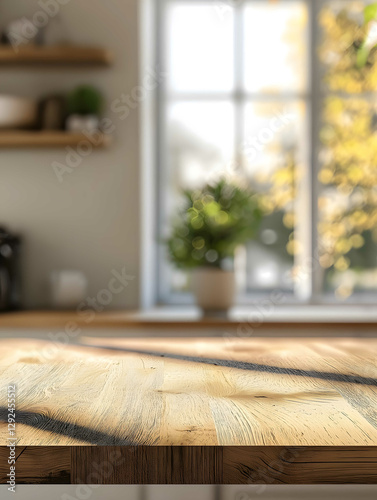 in the foreground there is a wooden countertop in the background there is a modern light kitchen it is a little blurred kitchen with a window