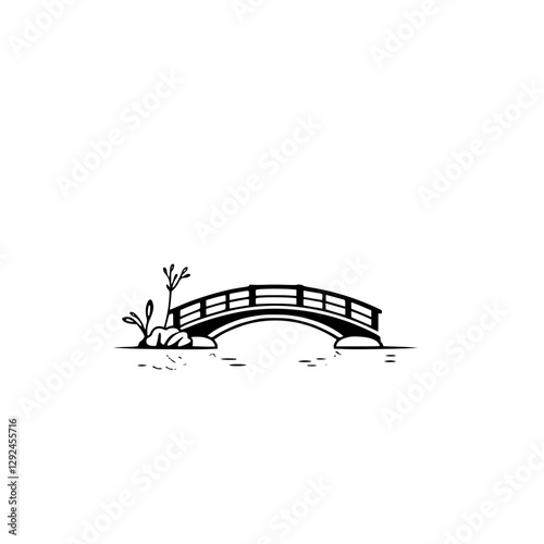 Black and white bridge in minimalistic style, depicting a bridge over water with small vegetation.
