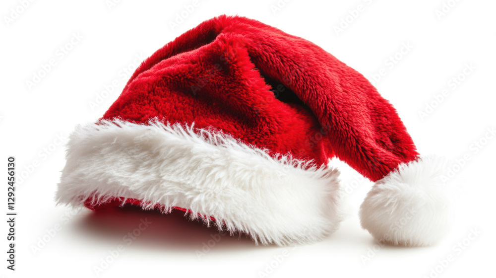 Festive red Santa hat with white fur trim on a clean background Festive red Santa hat with white fur trim on a clean background