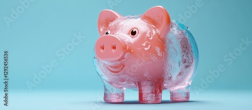 Frozen Piggy Bank in Ice Cube on Blue Background 3D Illustration