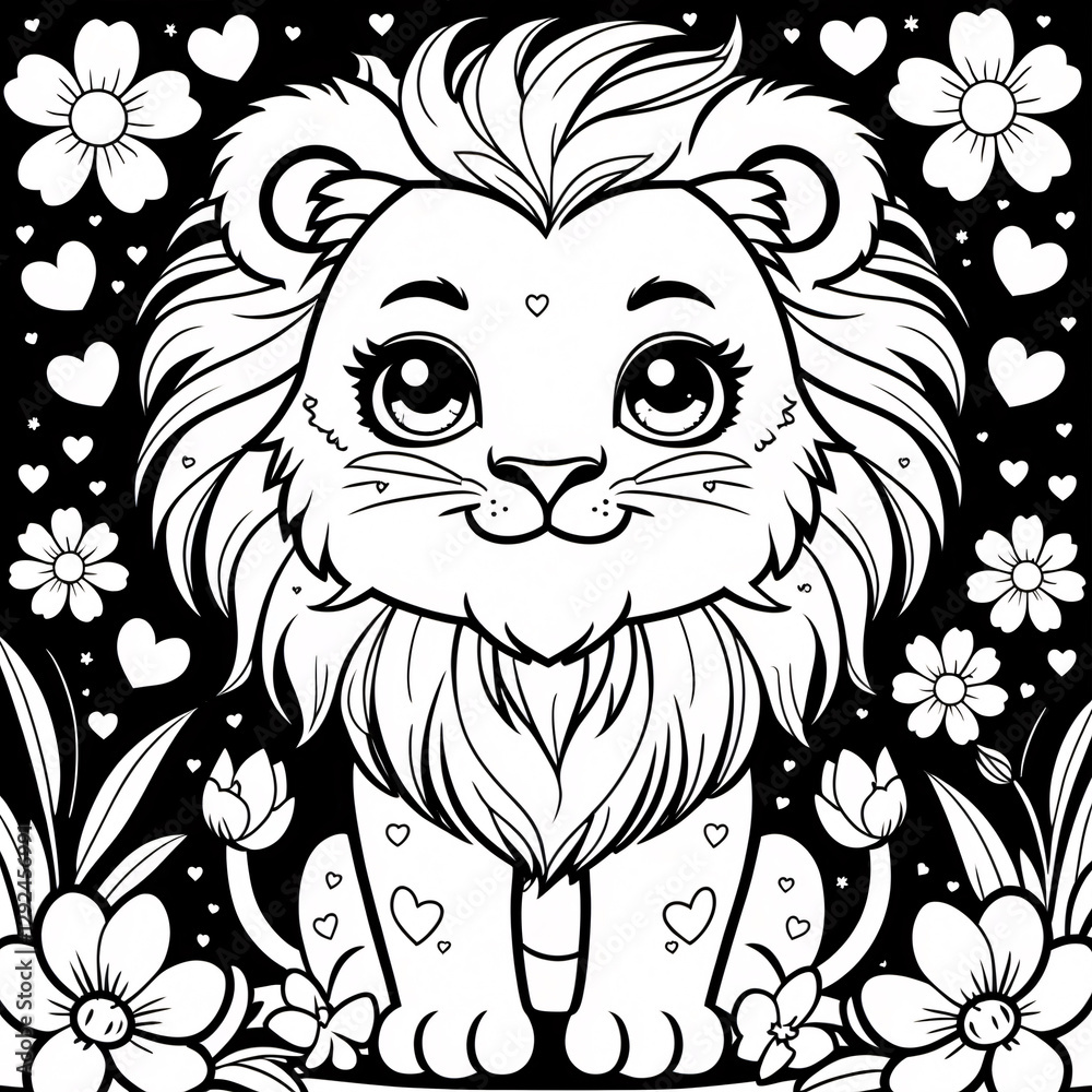 Fototapeta premium Cheerful Lion Cub Drawing with Smiling Face for Fun Kids Book Covers and Educational Creative Coloring Pages for Childrens Exploration Drawing Illustration with Heart and Flowers Garden