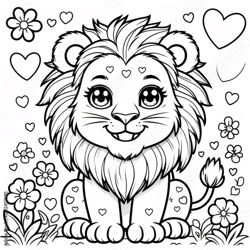 Cute Baby Lion Cub Line Art Drawing with Playful Expression for Fun Kids Storybooks and Interactive Coloring Pages for Young Learners Drawing Illustration with Heart and Flowers Garden photo