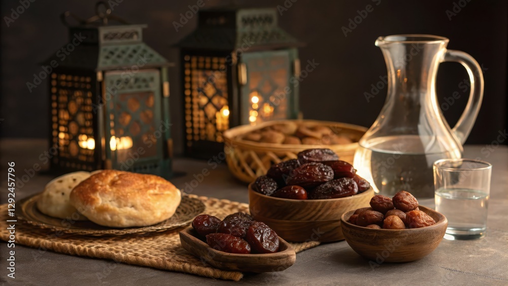 Ornate Islamic Lantern with Fresh Dates and Warm Bread for Iftar Ornate Islamic Lantern with Fresh Dates and Warm Bread for Iftar