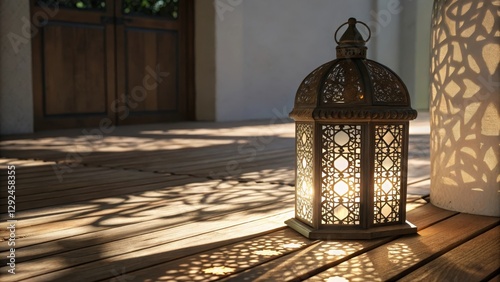 Ornate Ramadan Lantern on a Wooden Surface with Glowing Light and Shadows