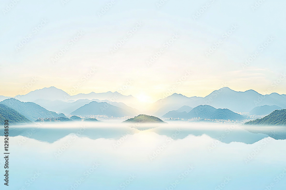 Serene sunrise over misty mountains reflecting in calm water, evoking tranquility and peace Serene sunrise over misty mountains reflecting in calm water, evoking tranquility and peace