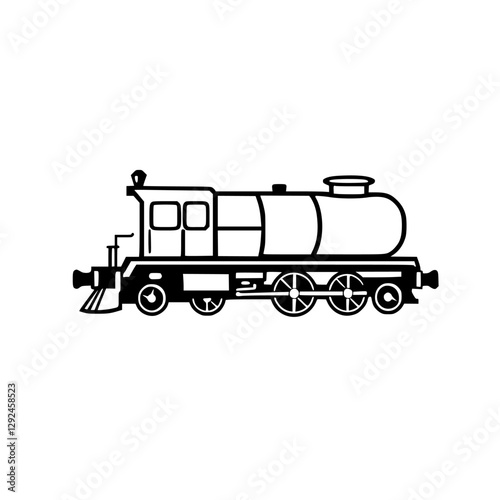 Minimalist silhouette of a train, depicting a steam locomotive with a water tank, set against a white background.