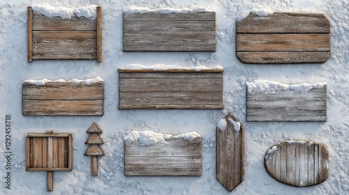 Fototapeta Naklejka Na Ścianę i Meble -  Wood sighnboard covered with snow and icicle 3d cartoon vector set. Realistic illustration of various blank snowy panels and banners with wooden texture for winter and Christmas text and signs.