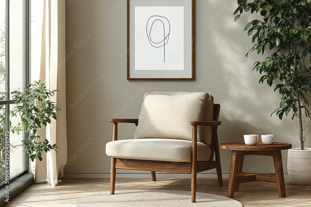 Cozy Scandinavian Living Room with Mid-Century Armchair and Natural Light