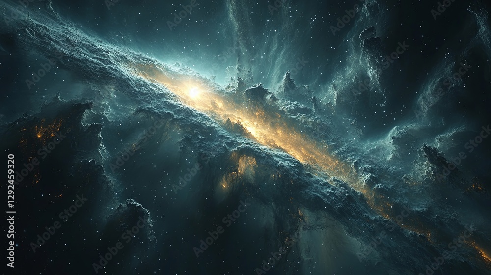 Fototapeta premium Cosmic radio jet erupts from a luminous source, traversing the vast expanse of deep space.