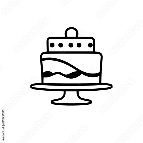 Two-Tiered Cake with Minimalist Design on Stand, Black Lines, White Background, Simple Elegance.