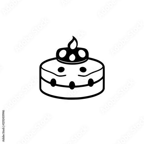 Minimalist black and white illustration of a cake with a flame.