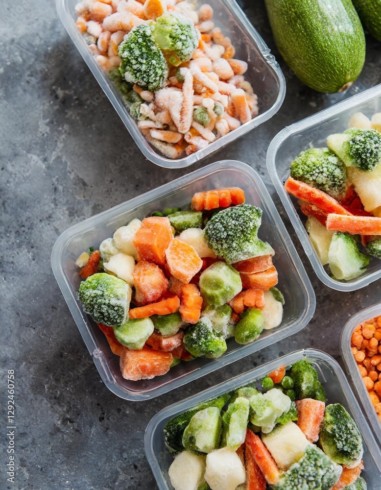 Frozen Food Banner: Top View of Plastic Containers with Frozen Vegetables
