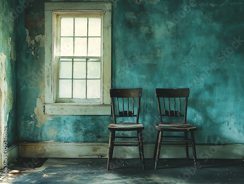 Two Antique Chairs Sit Beside Window in an Old Room
