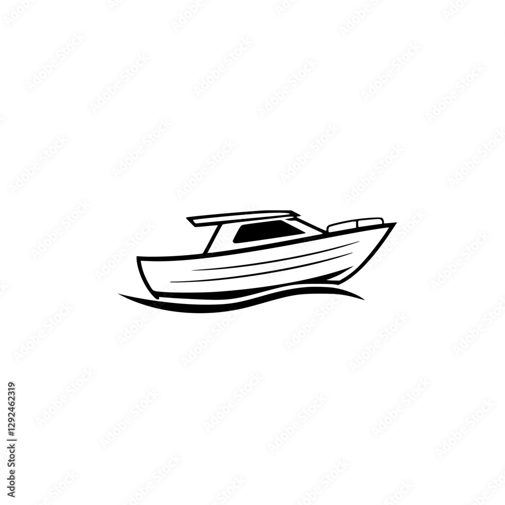 Monochrome image of a streamlined boat cruising over waves, minimalist boat design, black and white. Monochrome image of a streamlined boat cruising over waves, minimalist boat design, black and white.