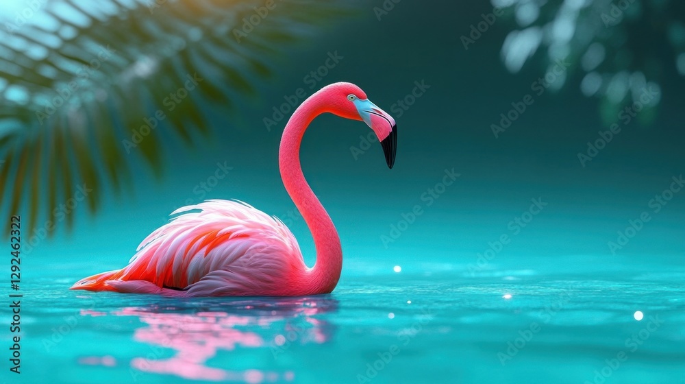 Fototapeta premium Pink Flamingo Float in Turquoise Ocean Summer Vibes Fun Pool Tropical Vacation