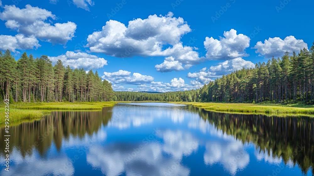 Fototapeta premium Serene Lake Reflection in a Pine Forest Under a Bright Blue Sky