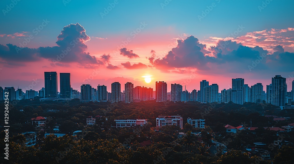 Fototapeta premium Vibrant sunset over cityscape with colorful clouds and buildings.