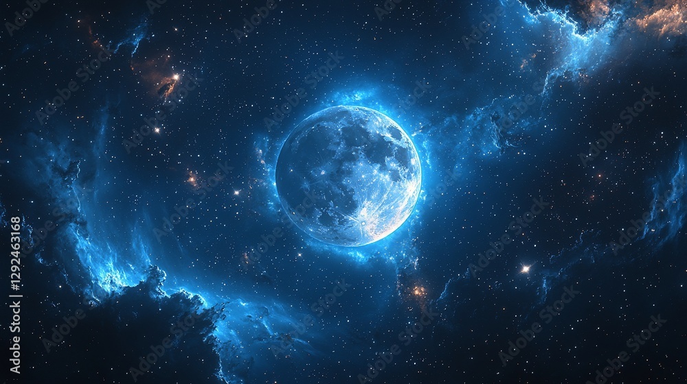 Fototapeta premium Glowing blue planet in nebula.