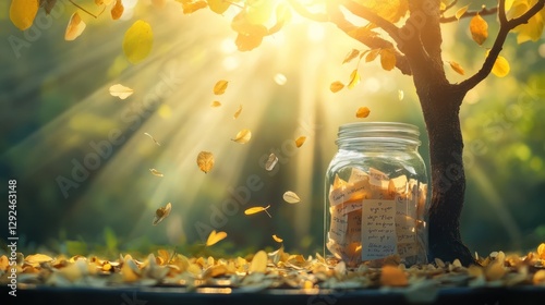 Autumn leaves fall on notes in jar, sunlit park, memory keepsake