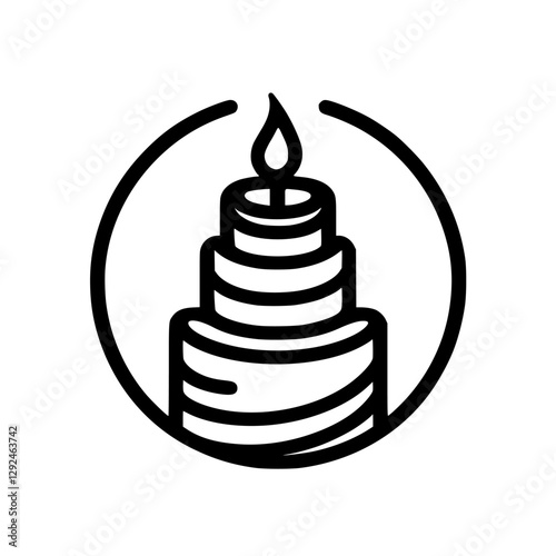 Symbolic black and white icon of a tiered candle cake, a flame, and a candle in a circle.