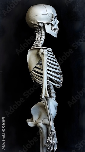 Skeleton, side view, looking down, waist up