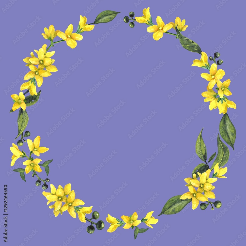 Forsythia flower round frame. Spring border background. Happy Easter. Various Spring Flower Frame Collections for individual and own design.