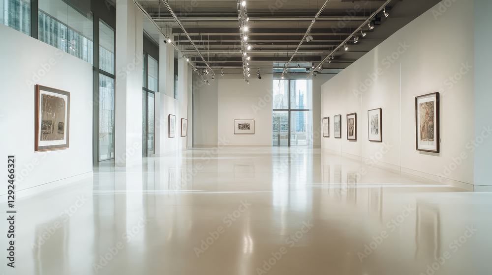 Art gallery empty 3d room with white walls, floor and illumination lamps. Museum interior passages with lights for pictures presentation, photography contest exhibition hall, Realistic vector mock up Art gallery empty 3d room with white walls, floor and illumination lamps. Museum interior passages with lights for pictures presentation, photography contest exhibition hall, Realistic vector mock up