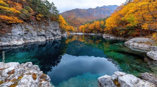 Autumn lake nestled in rocky mountains, tranquil reflection, scenic beauty