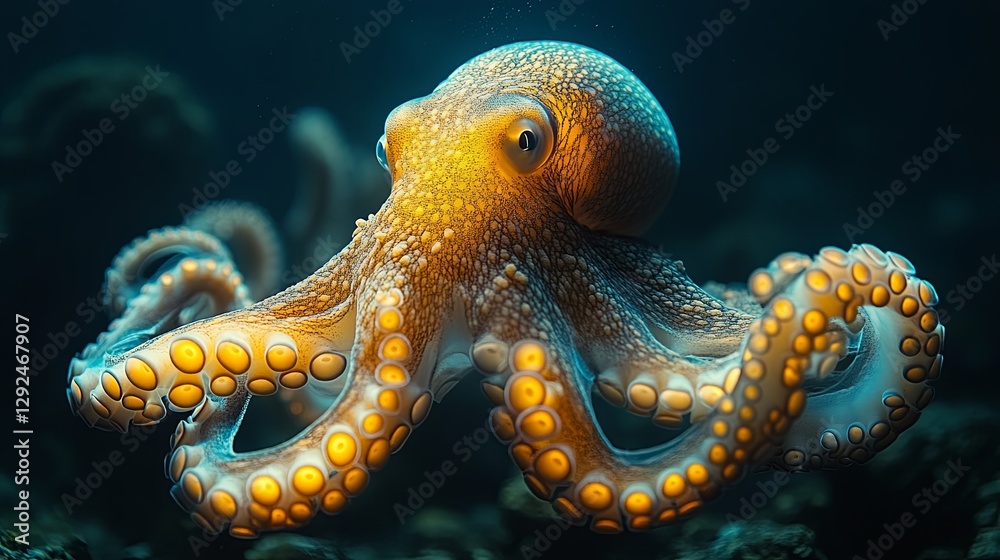 Ancient octopus with glowing tentacles in a prehistoric underwater setting, symbolizing deep-sea discovery. Ancient octopus with glowing tentacles in a prehistoric underwater setting, symbolizing deep-sea discovery.