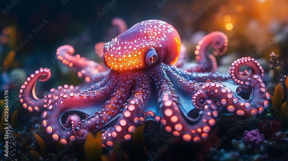 Ancient octopus with glowing tentacles in a prehistoric underwater setting, symbolizing deep-sea discovery. Ancient octopus with glowing tentacles in a prehistoric underwater setting, symbolizing deep-sea discovery.