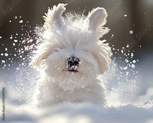 Playful white dog in snow flurry, winter park photo