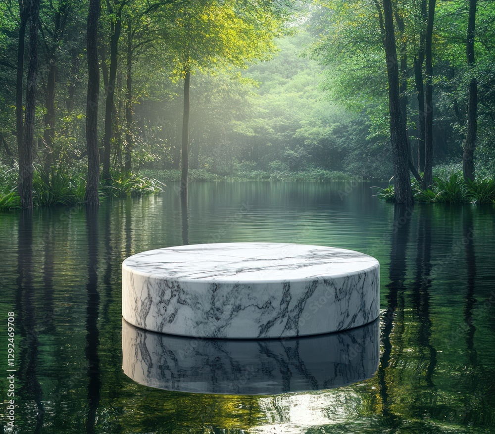 floating marble podium display in lake surrounded by forest scenery for product advertising floating marble podium display in lake surrounded by forest scenery for product advertising