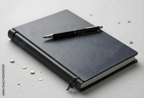 A pen on a closed notebook, placed on a clean surface. Soft lighting highlights a minimalist workspace concept, emphasizing organization, writing, and productivity.