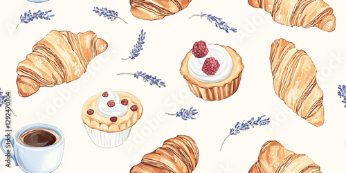 Watercolor breakfast seamless pattern. Food repeat background for kitchen, design, textile, packaging, fabric, wallpaper, packaging, branding, stationery, wrapping paper, interior decor