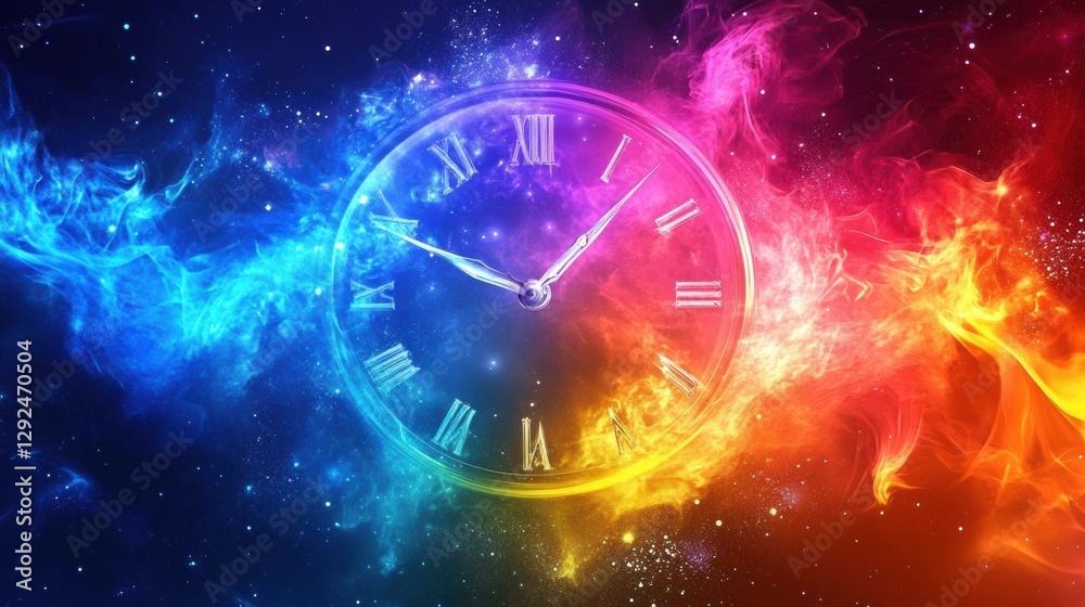Obraz premium Cosmic dance of time colorful clock in space digital art surreal environment