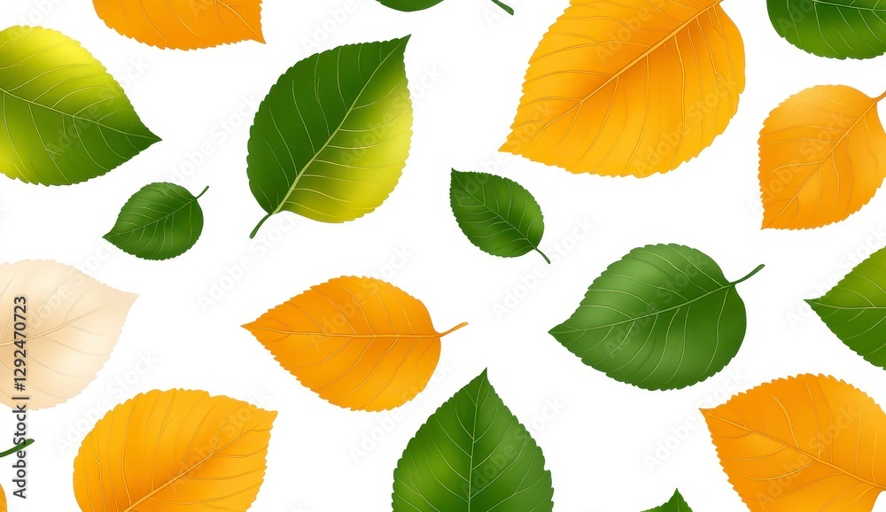 Obraz premium Autumn Leaf Pattern Yellow, Green and Cream Leaves on White