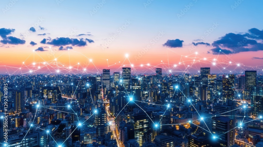 Fototapeta premium Urban connectivity digital networking revolutionizes city life at sunset