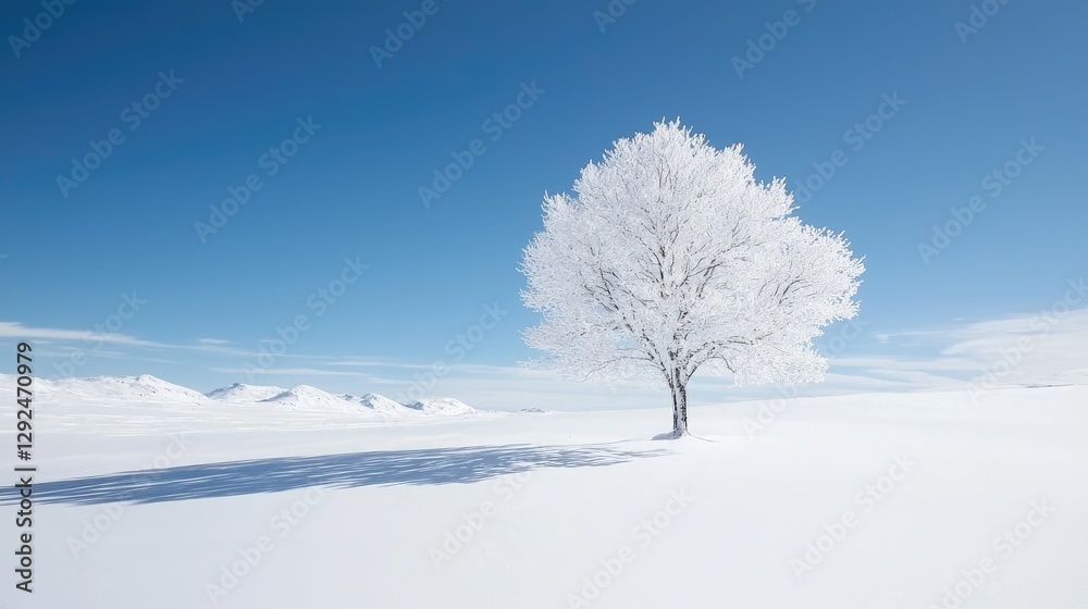 Snowy landscape frost-covered tree, mountains background, winter serenity, postcard Snowy landscape frost-covered tree, mountains background, winter serenity, postcard