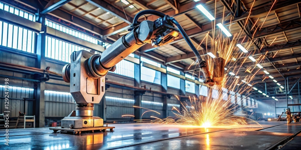 Automated industrial robotic arm performing precision welding in a modern factory setting Automated industrial robotic arm performing precision welding in a modern factory setting