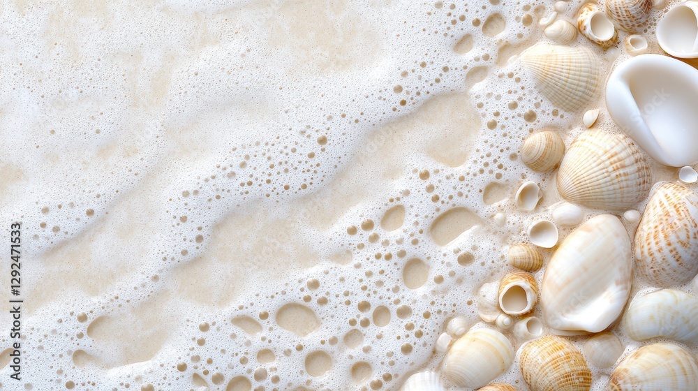 Close Up of Seashells and Seafoam on Sandy Beach Close Up of Seashells and Seafoam on Sandy Beach