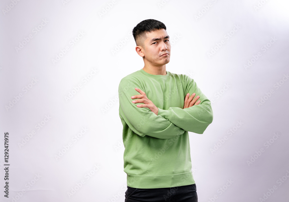 confident Asian man in a green sweatshirt crosses his arms and looks serious with a strong expression. He stands against a plain white background, conveying authority confident Asian man in a green sweatshirt crosses his arms and looks serious with a strong expression. He stands against a plain white background, conveying authority