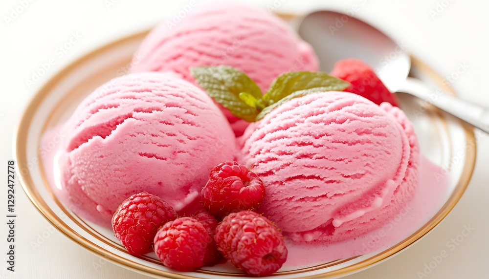 Pink raspberry ice cream scoops on a plate Pink raspberry ice cream scoops on a plate