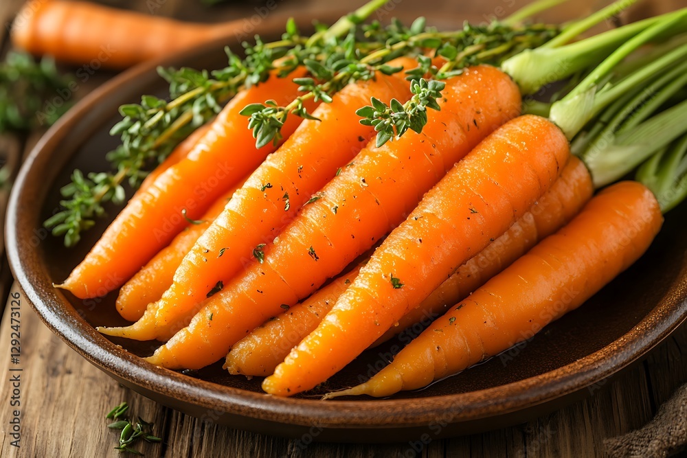 Roasted carrots, thyme, rustic wood Roasted carrots, thyme, rustic wood