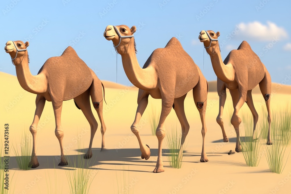 Three camels walking through a sandy desert landscape under a clear blue sky. Three camels walking through a sandy desert landscape under a clear blue sky.