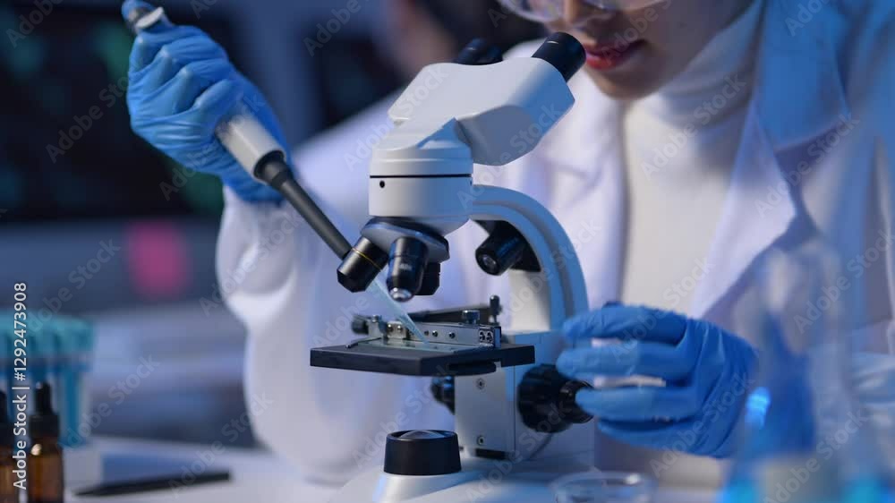 A woman in a lab coat is using a microscope to examine a sample. Concept of scientific curiosity and precision, as the woman carefully handles the microscope and focuses on her work A woman in a lab coat is using a microscope to examine a sample. Concept of scientific curiosity and precision, as the woman carefully handles the microscope and focuses on her work