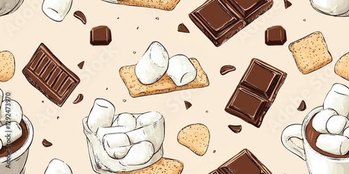 S'mores seamless pattern. Sweet treat repeat background for summer, party, for kitchen, design, textile, packaging, fabric, wallpaper, packaging, branding, stationery, wrapping paper, interior decor