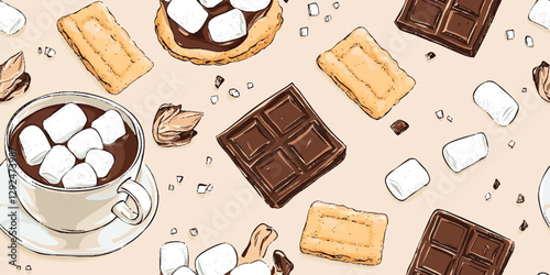S'mores seamless pattern. Sweet treat repeat background for summer, party, for kitchen, design, textile, packaging, fabric, wallpaper, packaging, branding, stationery, wrapping paper, interior decor