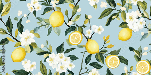 Watercolor lemon seamless pattern. Elegant citrus repeat background for summer, kitchen, design, textile, packaging, fabric, wallpaper, packaging, branding, stationery, wrapping paper, interior decor